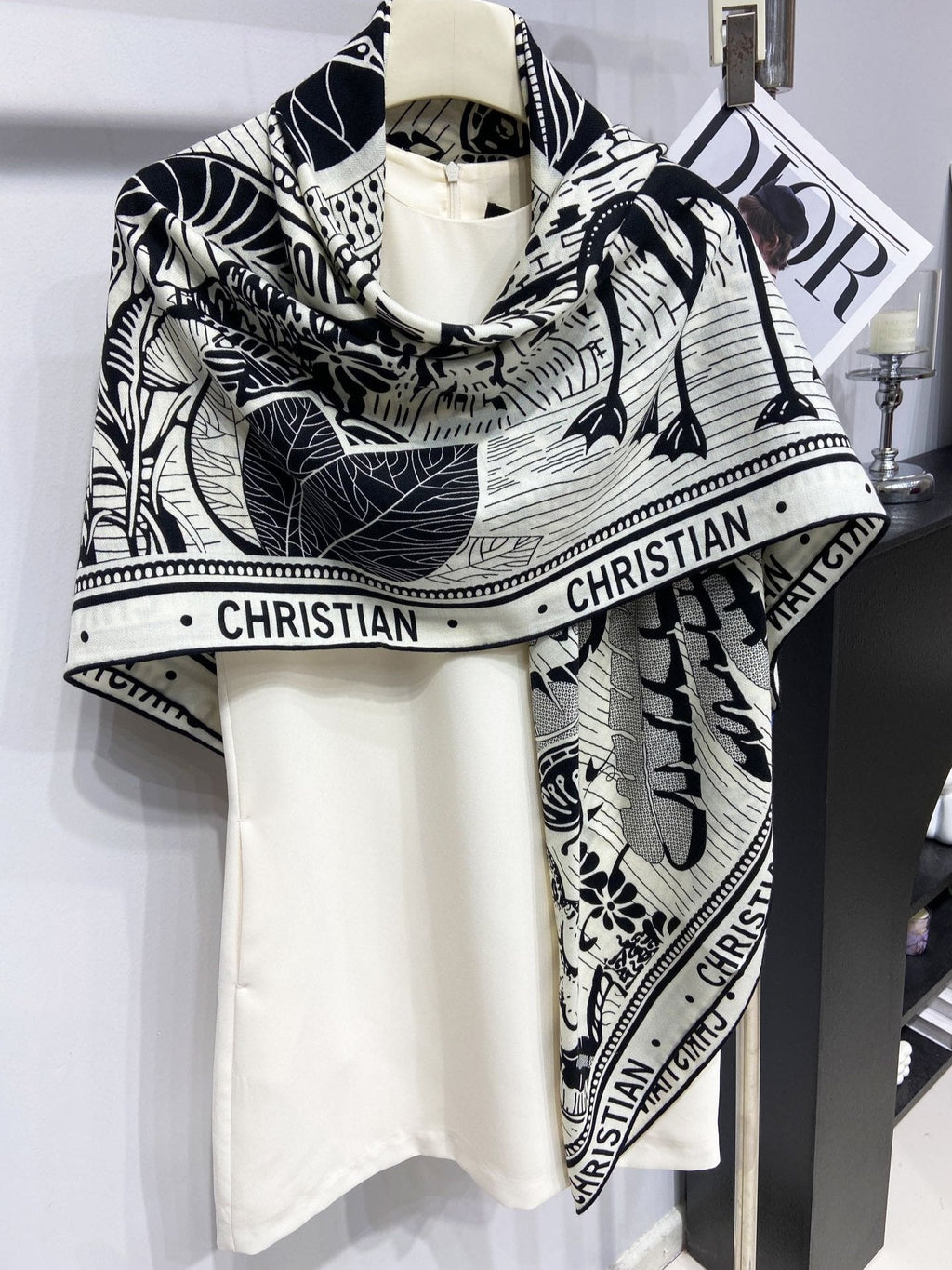 DIOR SQUARE SCARF 140 CM IN BLACK MIX WHITE MONOGRAM WOOL AND SILK 415111