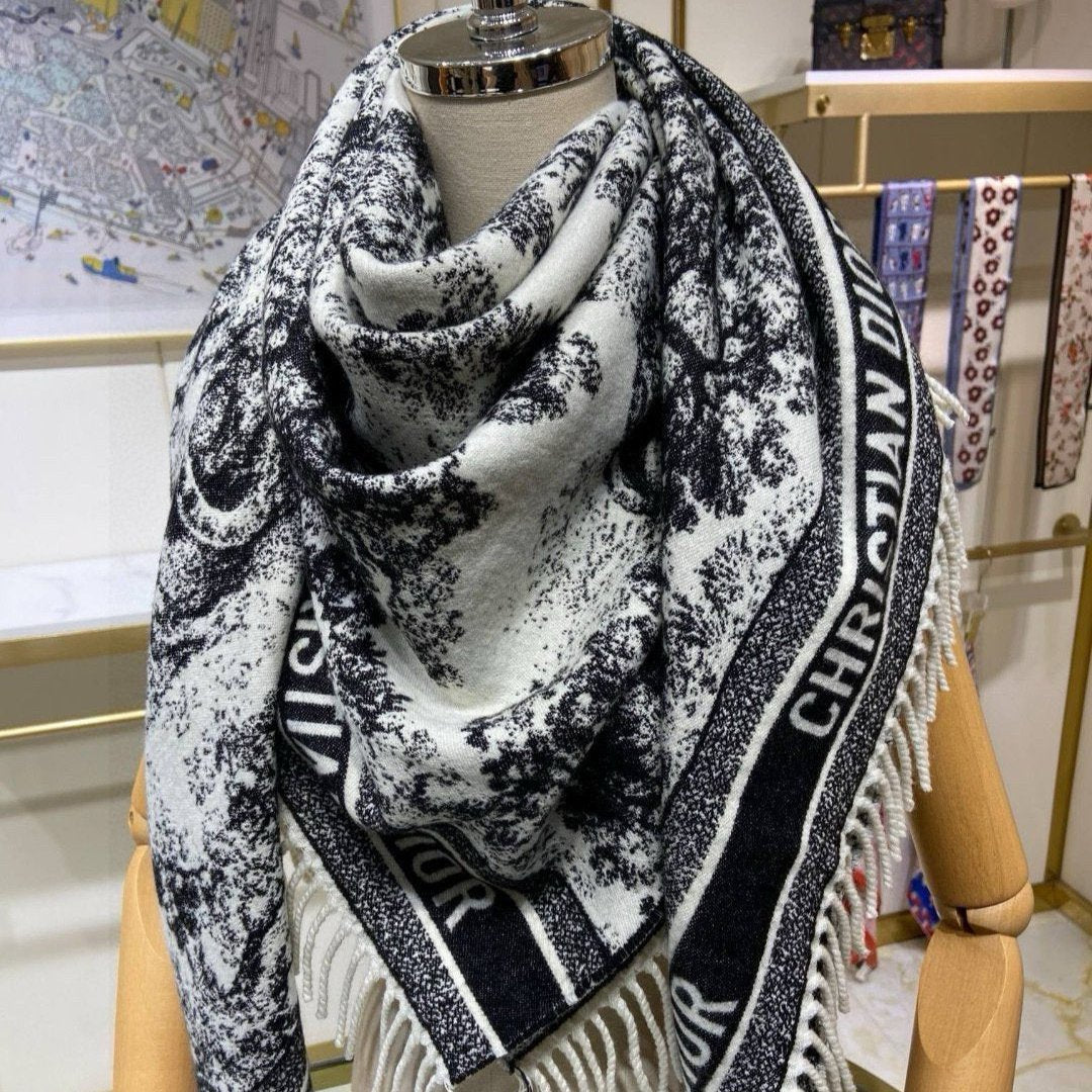 DIOR SQUARE SCARF 140 CM IN BLACK MIX WHITE MONOGRAM CASHMERE AND WOOL 416918
