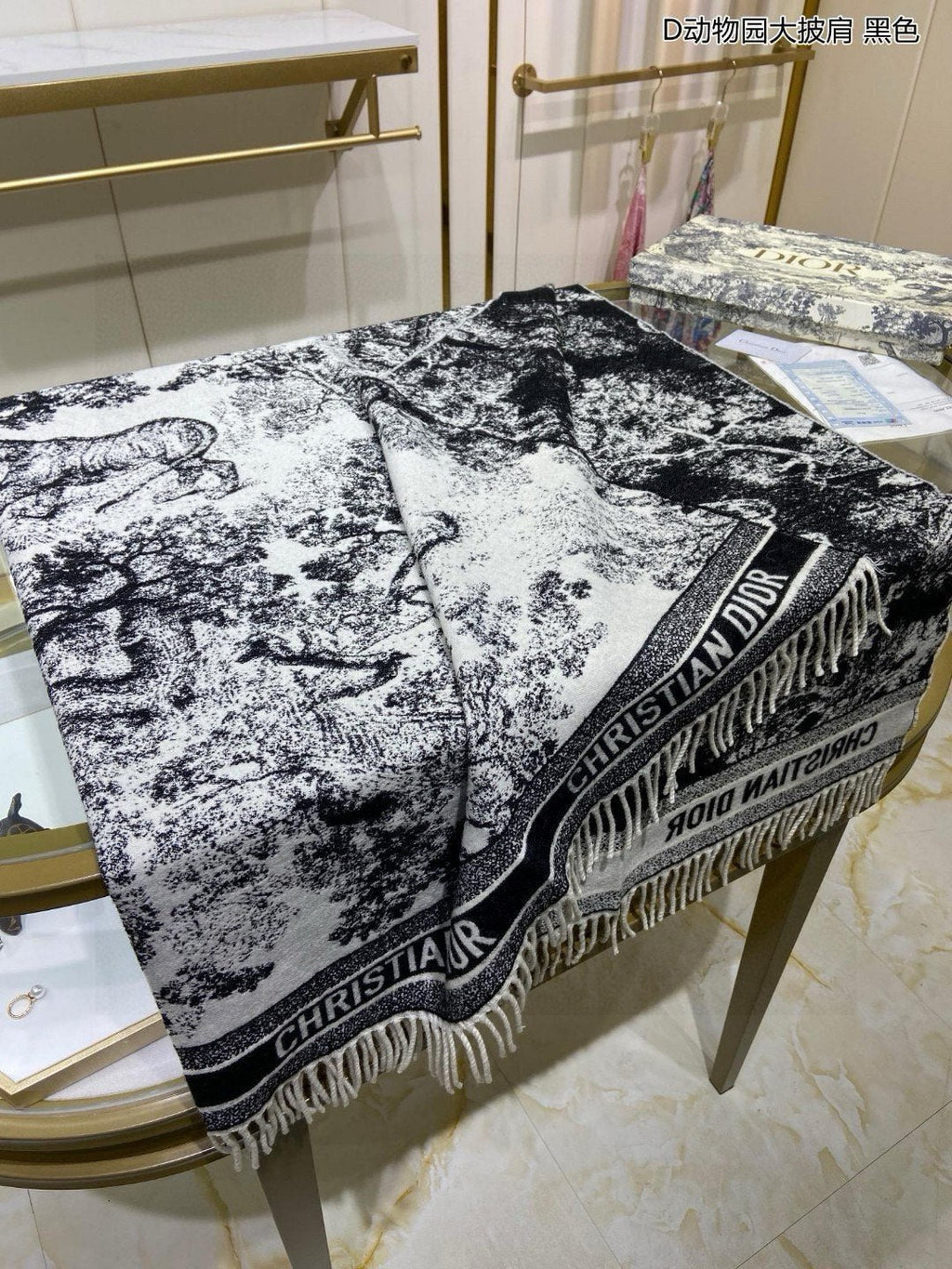 DIOR SQUARE SCARF 140 CM IN BLACK MIX WHITE MONOGRAM CASHMERE AND WOOL 416918