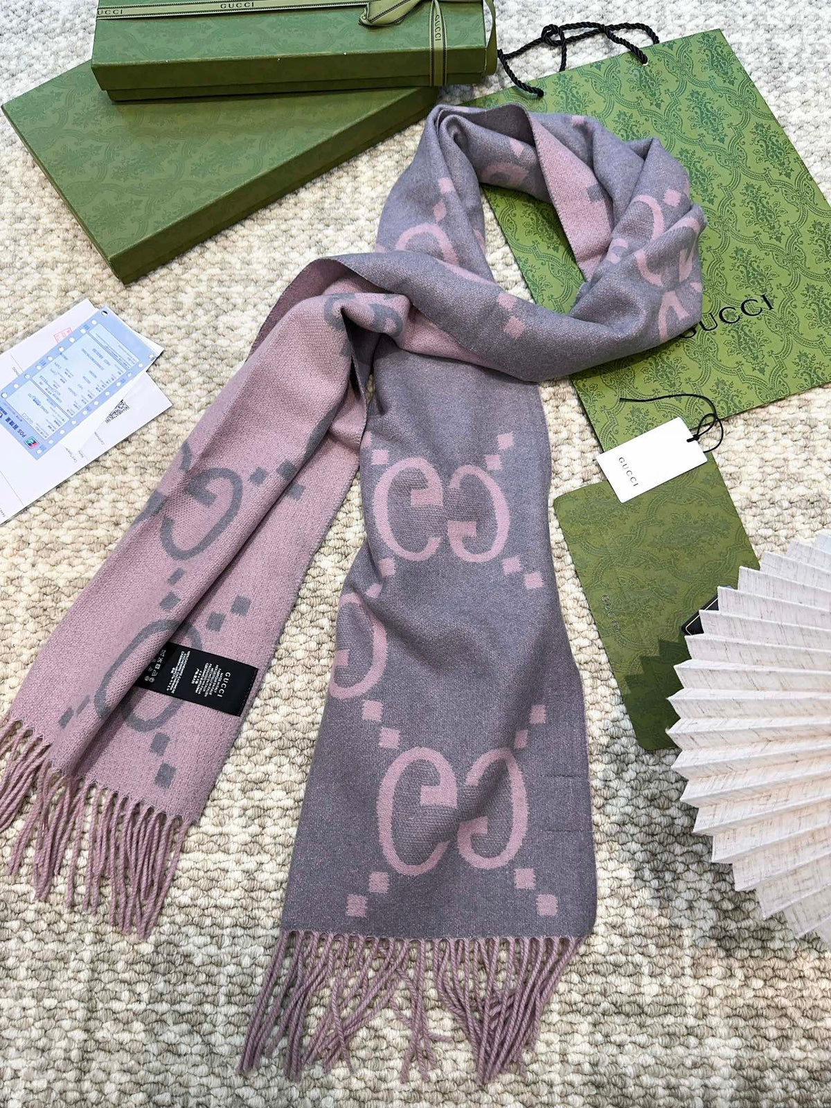 GUCCI SCARF 200 CM IN LIGHT PINK MIX GRAY CASHMERE 396379