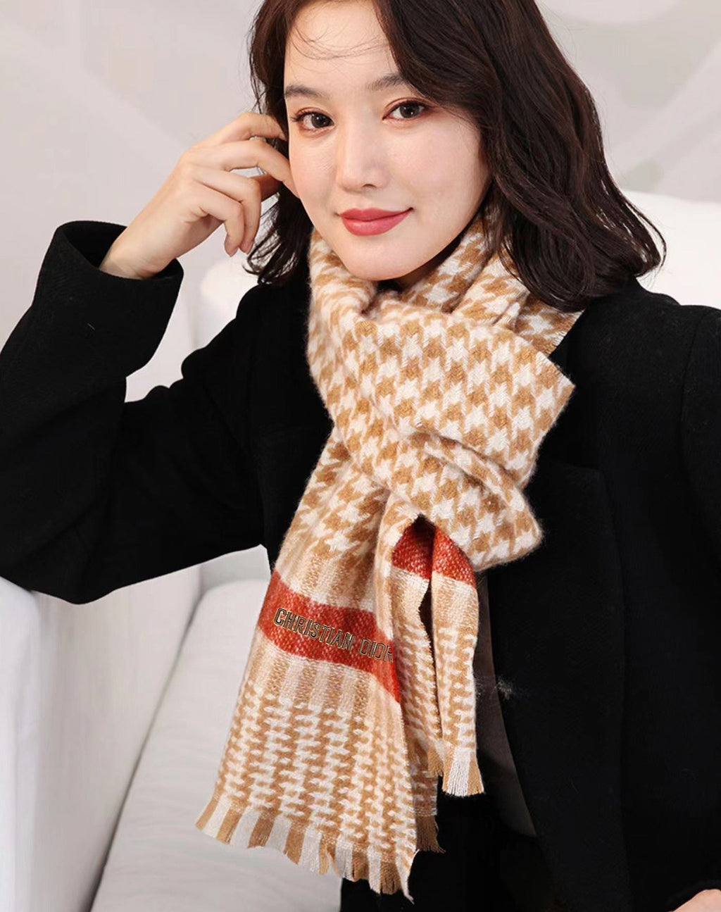 DIOR SCARF 190 CM IN PEANUT BROWN MIX WHITE CASHMERE 416802